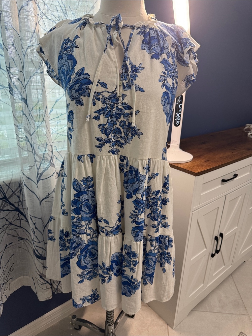 CeCe - Boho Floral Tiered Cotton Dress - Blue Floral
